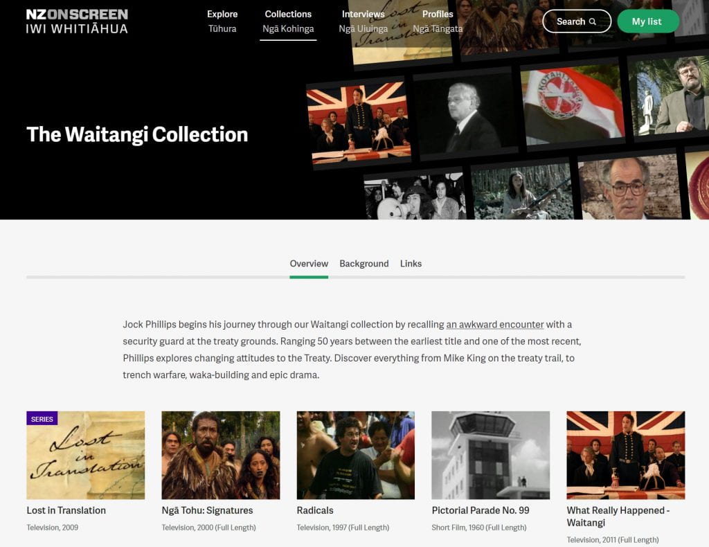 A screenshot of The Waitangi Collection on the NZ On Screen website